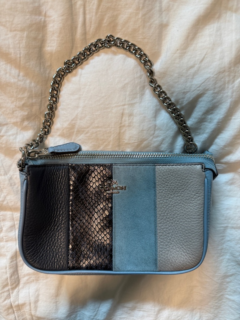 Coach Multi-Panel Light Blue and Navy Leather Wristlet with Chain